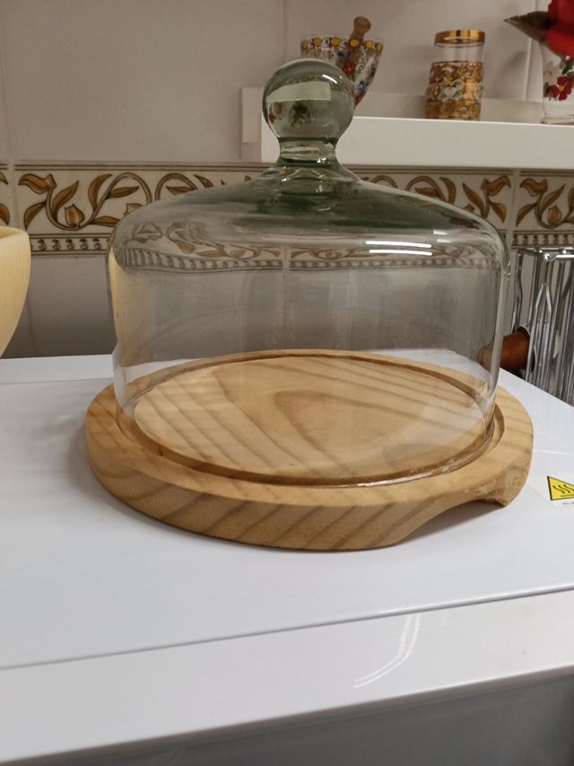 Quesera cristal y madera 22 diámetro 18cm