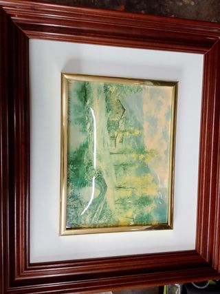 Cuadro paisaje al óleo dorado y verde