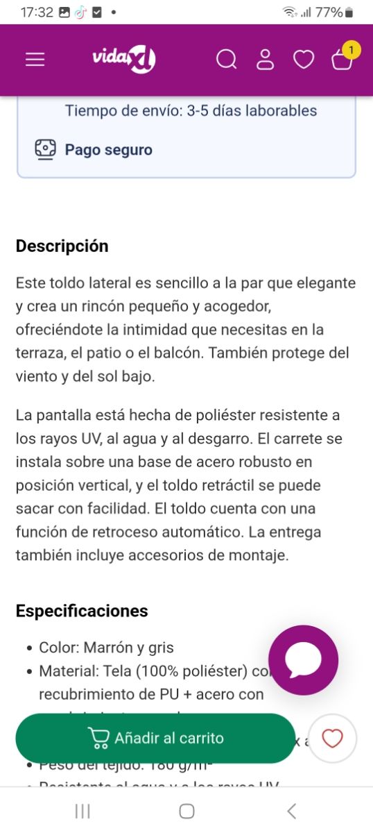 Toldo lateral retráctil jardín marrón 180x300 cm