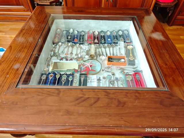 Mesa de centro madera maciza y expositor. 