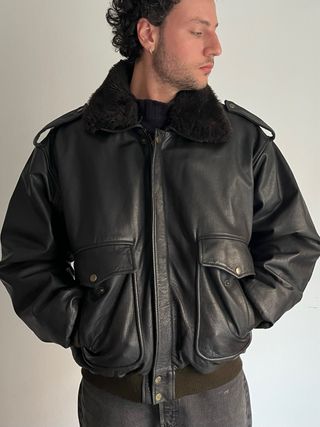 Chaqueta Bomber Aviador Cuero Negra