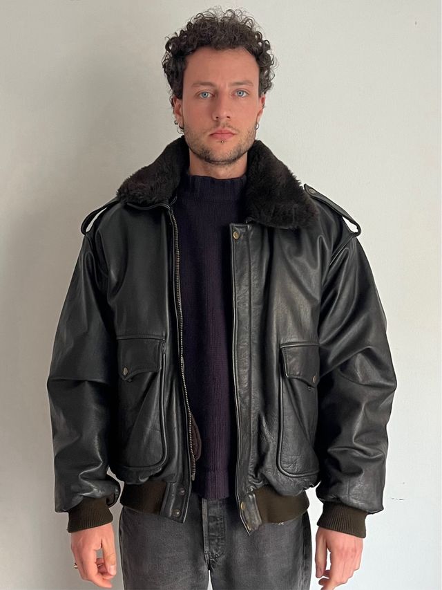Chaqueta Bomber Aviador Cuero Negra