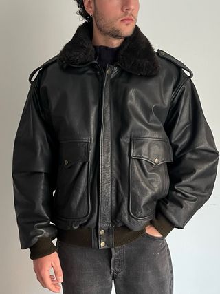 Chaqueta Bomber Aviador Cuero Negra