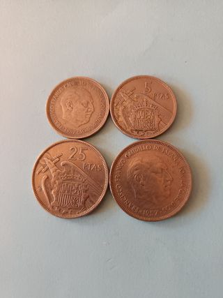 Lote - 4 Monedas - 5 y 25 Pesetas - Época Franco