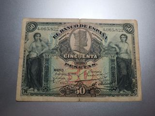 Billete 50 Pesetas Banco de España 1907. Alegorías