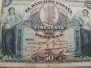 Billete 50 Pesetas Banco de España 1907. Alegorías