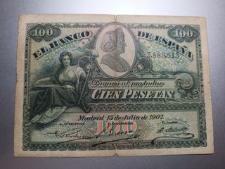 Billete 100 pesetas 1907 . Alegorías.