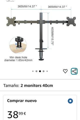 Brazo Soporte Doble Monitor dos pantallas 40cm