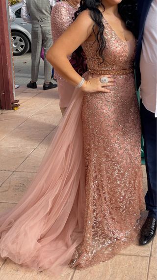 Vestido de fiesta dorado y rosa