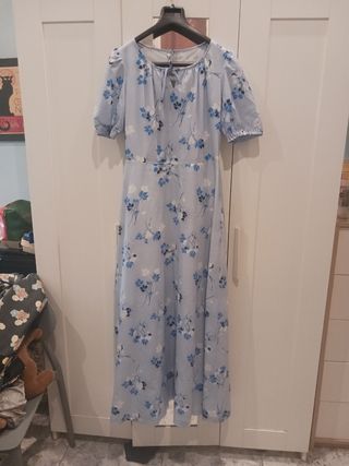 Vestido vintage floral azul y blanco, año 70