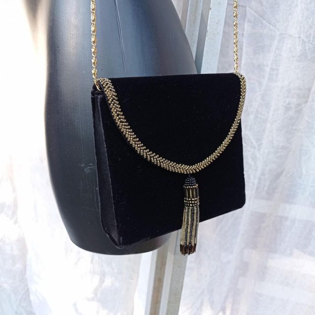 Borsetta Vintage Velluto Nero con Catena Oro