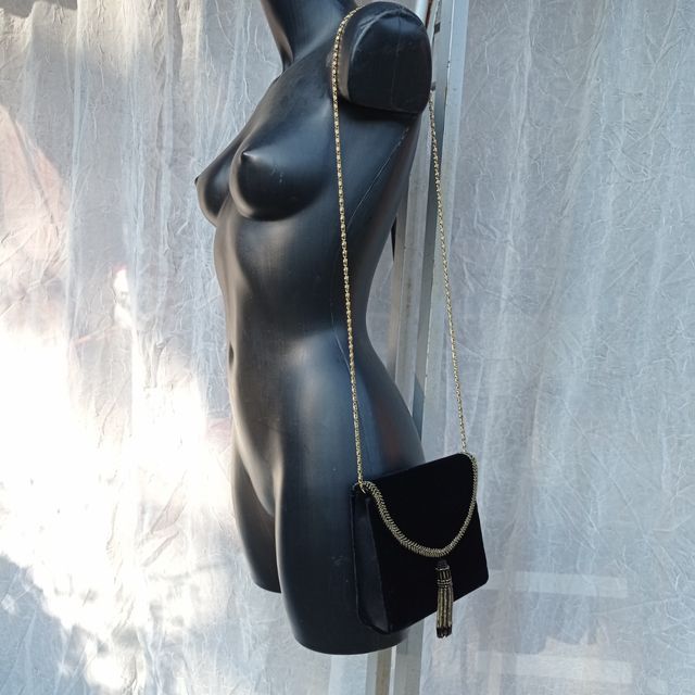 Borsetta Vintage Velluto Nero con Catena Oro