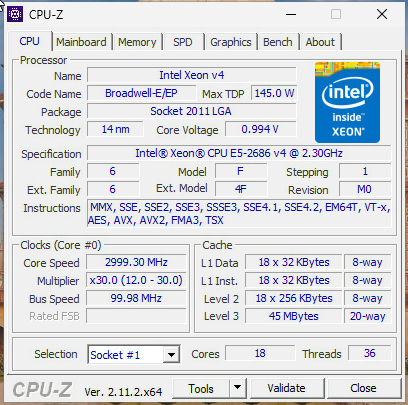 Intel Xeon E5-2686 v4 18 núcleos 36 hilos