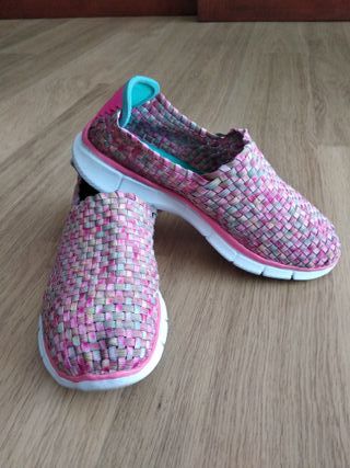 Zapatos planos mujer tejidos rosa y turquesa
