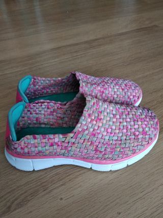 Zapatos planos mujer tejidos rosa y turquesa