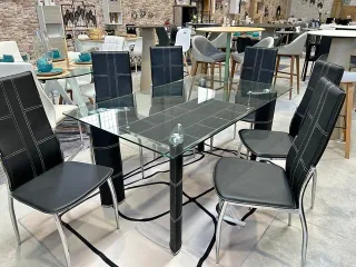 Mesa de Cristal Templado + 6 Sillas en Polipiel/Me
