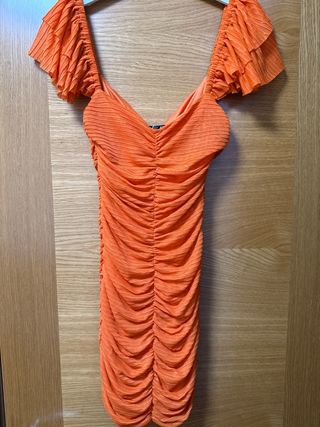 Vestido Zara Naranja Fruncido Verano