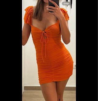 Vestido Zara Naranja Fruncido Verano