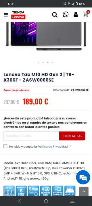 Tablet Lenovo Tab M10 HD Negra/Azul