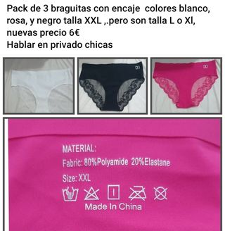 Pack 3 braguitas encaje blanco, rosa, negro
