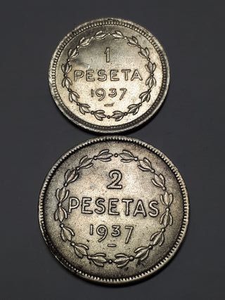 Pareja 1 y 2 Pesetas Euskadi 1937 Guerra Civil