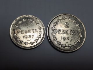 Pareja 1 y 2 Pesetas Euskadi 1937 Guerra Civil