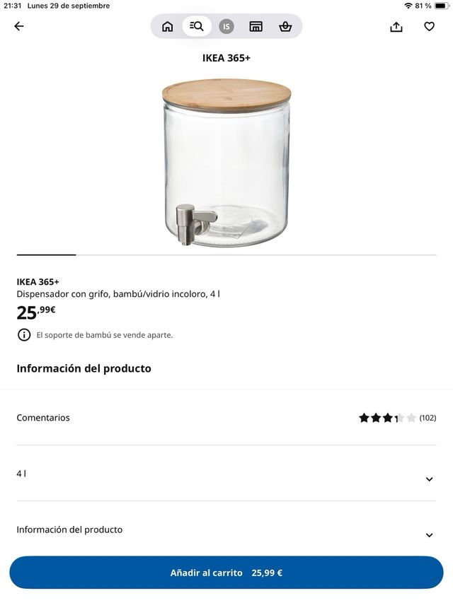 Dispensador Vidrio Bambú 4L con Grifo