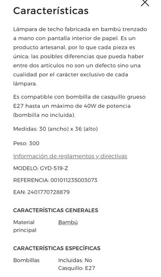 Lámpara de techo bambú El Corte Inglés