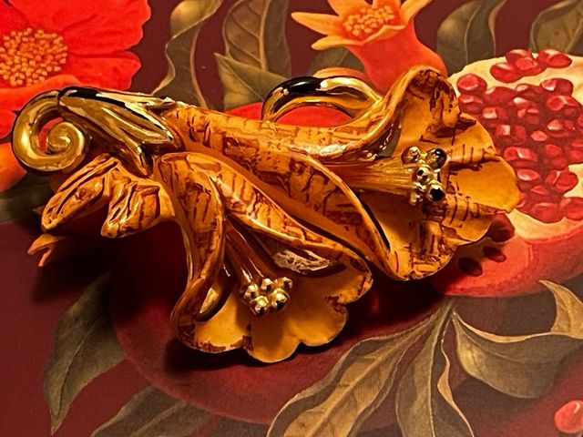 Fermaglio vintage fiori calle marrone oro