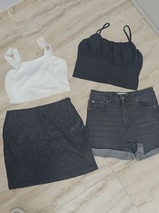 Conjunto ropa chica 2 Tops + 1 Falda + 1 Shorts