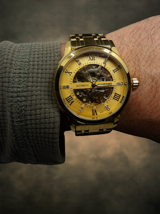 Orologio Uomo Meccanico Scheletro Acciaio Dorato