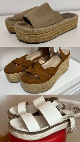 Lote 3 sandalias cuña: beige, marrón, blancas