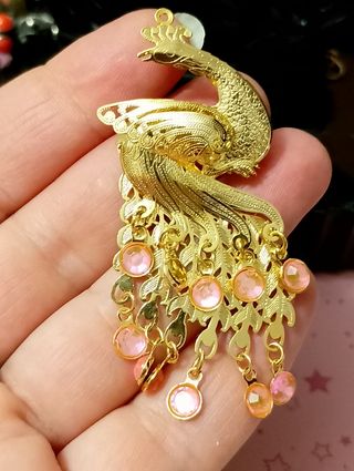 Spilla ciondolo pavone oro e rosa
