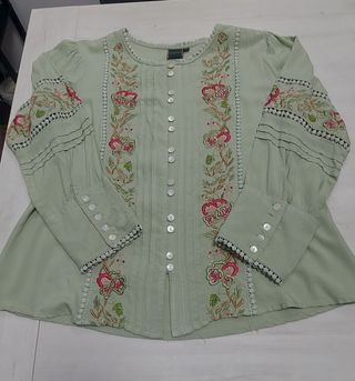 Camisa Anaya algodón bordada verde y rosa