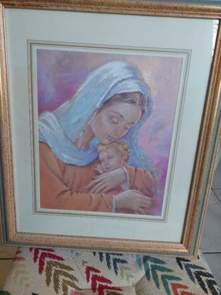 Quadro Madonna con Bambino, cornice legno