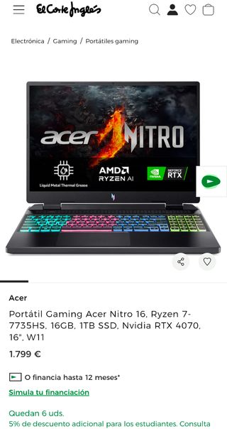 Portátil Gaming Acer Nitro 16 Ryzen 7 16GB