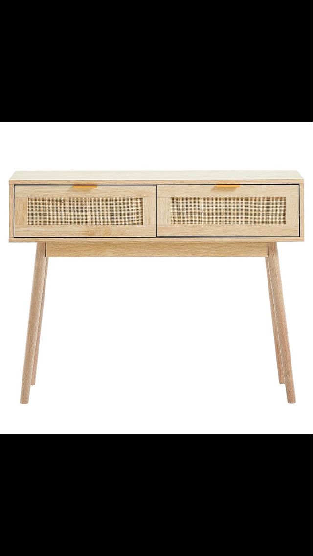 Mesa consola de madera y ratán