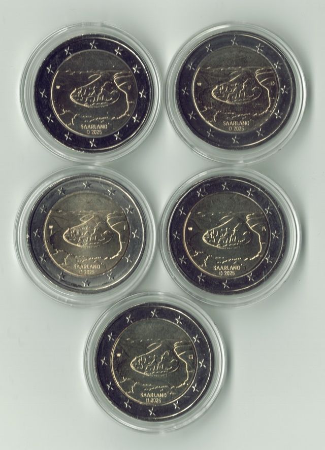 Lote 5 moedas 2 euros Alemanha 2025 Sarre