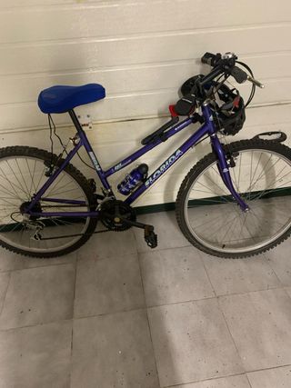 Bicicleta de adulto azul lleva pequeño inflador 