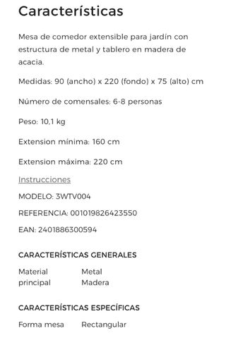 Mesa extensible jardín Hipercor Cambria nueva