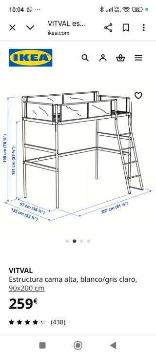 Estructura cama alta IKEA VITVAL
(Opción colchón)