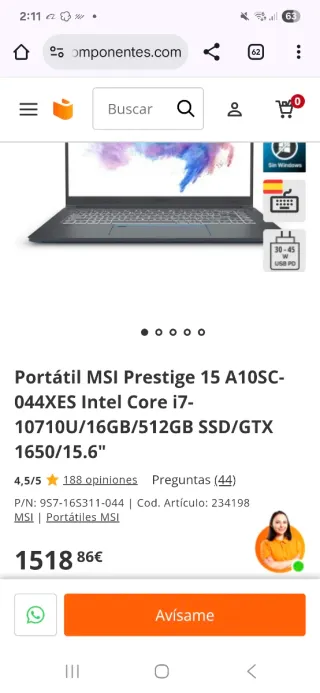 Portátil Gaming MSI i7-10710u,16GB DDR4,M2 4Tb,