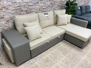 Sofá Cama Chaise Longue Beige + 2 Puff Nuevo