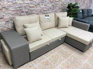 Sofá Cama Chaise Longue + 2 Puff Beige