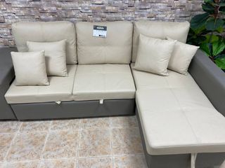 Sofá Cama Chaise Longue + 2 Puff Beige