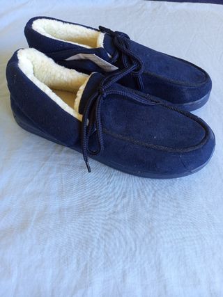 Zapatillas Mocasín Mujer Azul Forro Peluche