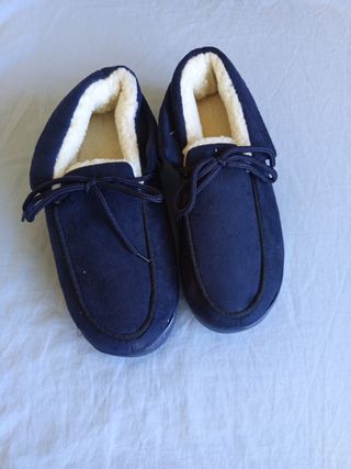 Zapatillas Mocasín Mujer Azul Forro Peluche