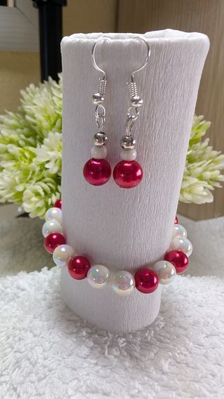 Conjunto Pulsera y Pendientes Perlas Rojo