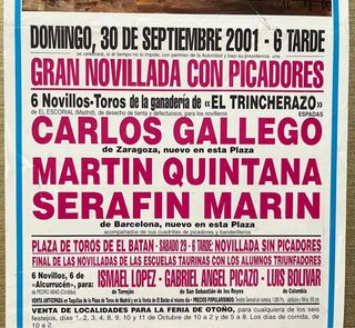CARTEL DE TOROS DE MADRID 30/9/2001