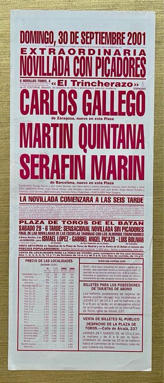 CARTEL DE TOROS DE MADRID 30/9/2001